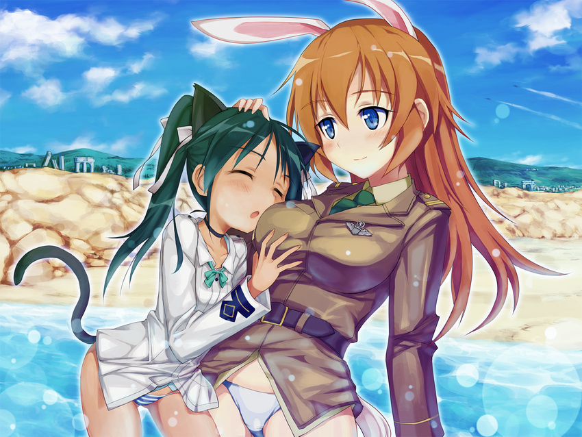 animal_ears blue_eyes brown_hair bunny_ears cat_ears charlotte_e_yeager francesca_lucchini green_hair highres long_hair military military_uniform multiple_girls panties shinashi_(elside) strike_witches striped striped_panties tail twintails underwear uniform world_witches_series