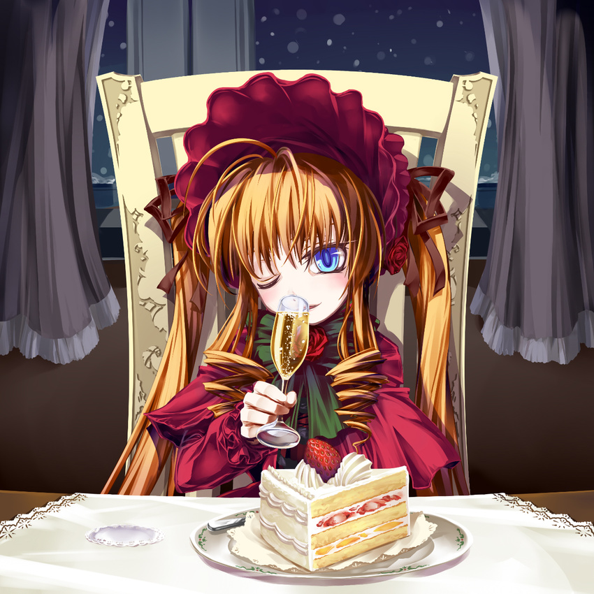 alcohol blonde_hair blue_eyes cake champagne cup drinking_glass food highres long_hair night one_eye_closed pastry rozen_maiden sasa_ichi shinku solo window wine_glass winter