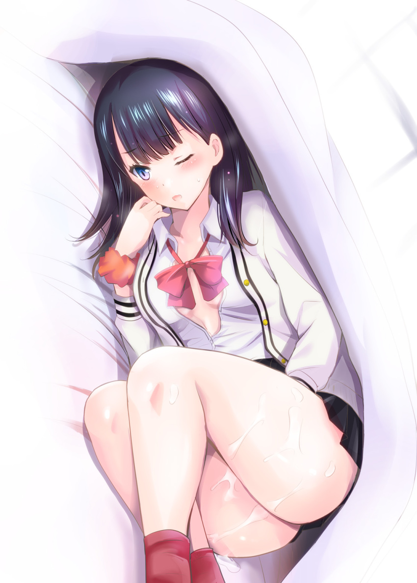 1girl arino_hiroshi ass bangs black_hair black_skirt blue_eyes blush bow cardigan highres long_hair long_sleeves one_eye_closed open_clothes open_shirt pleated_skirt scrunchie sexually_suggestive shirt skirt solo ssss.gridman suggestive_fluid takarada_rikka thighs