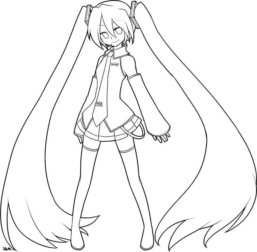 absurdly_long_hair detached_sleeves fukumitsu_(kirarirorustar) full_body greyscale hatsune_miku highres lineart long_hair looking_at_viewer monochrome necktie skirt smile solo thighhighs twintails very_long_hair vocaloid
