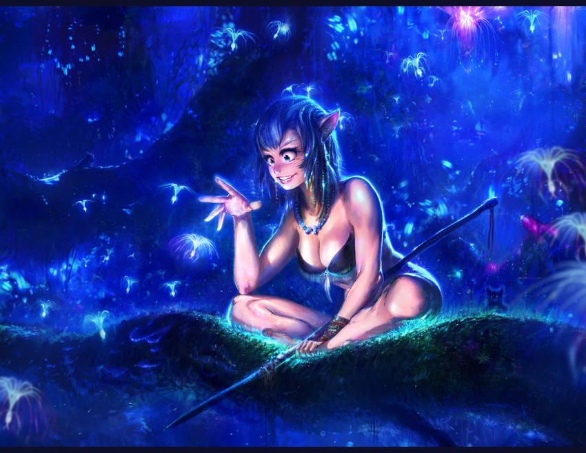 agnidevi avatar_(movie) blue blue_eyes blue_hair blurry branch breasts cat cleavage depth_of_field feathers forest highres jewelry large_breasts letterboxed nature necklace neytiri night pointy_ears polearm scenery science_fiction seed sitting smile solo spear tree weapon