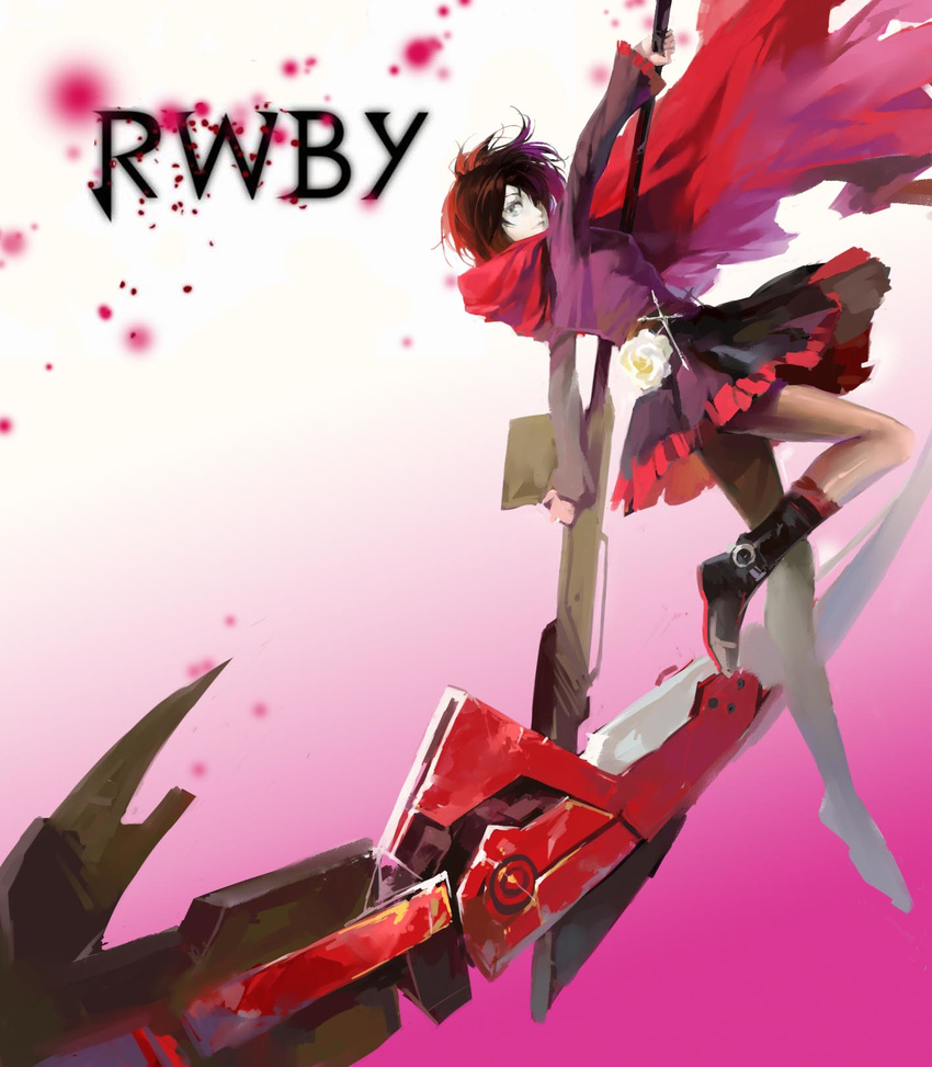 boots cape celsius_(uzumaki215) copyright_name crescent_rose cross flower highres pantyhose petals red_hair ruby_rose rwby scythe short_hair silver_eyes solo weapon