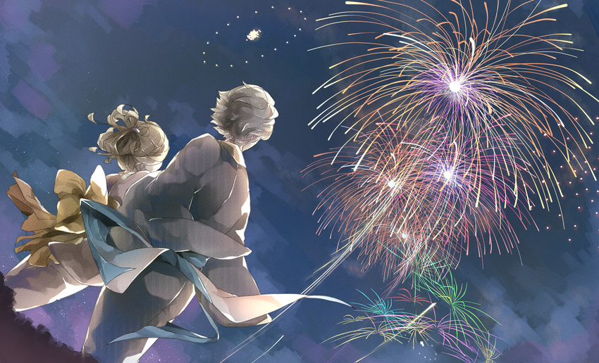 1girl couple fireworks hetero highres japanese_clothes kimono long_hair mizutame_tori natsukoi_hanabi_(vocaloid) night night_sky obi original ponytail sash short_hair sky yukata