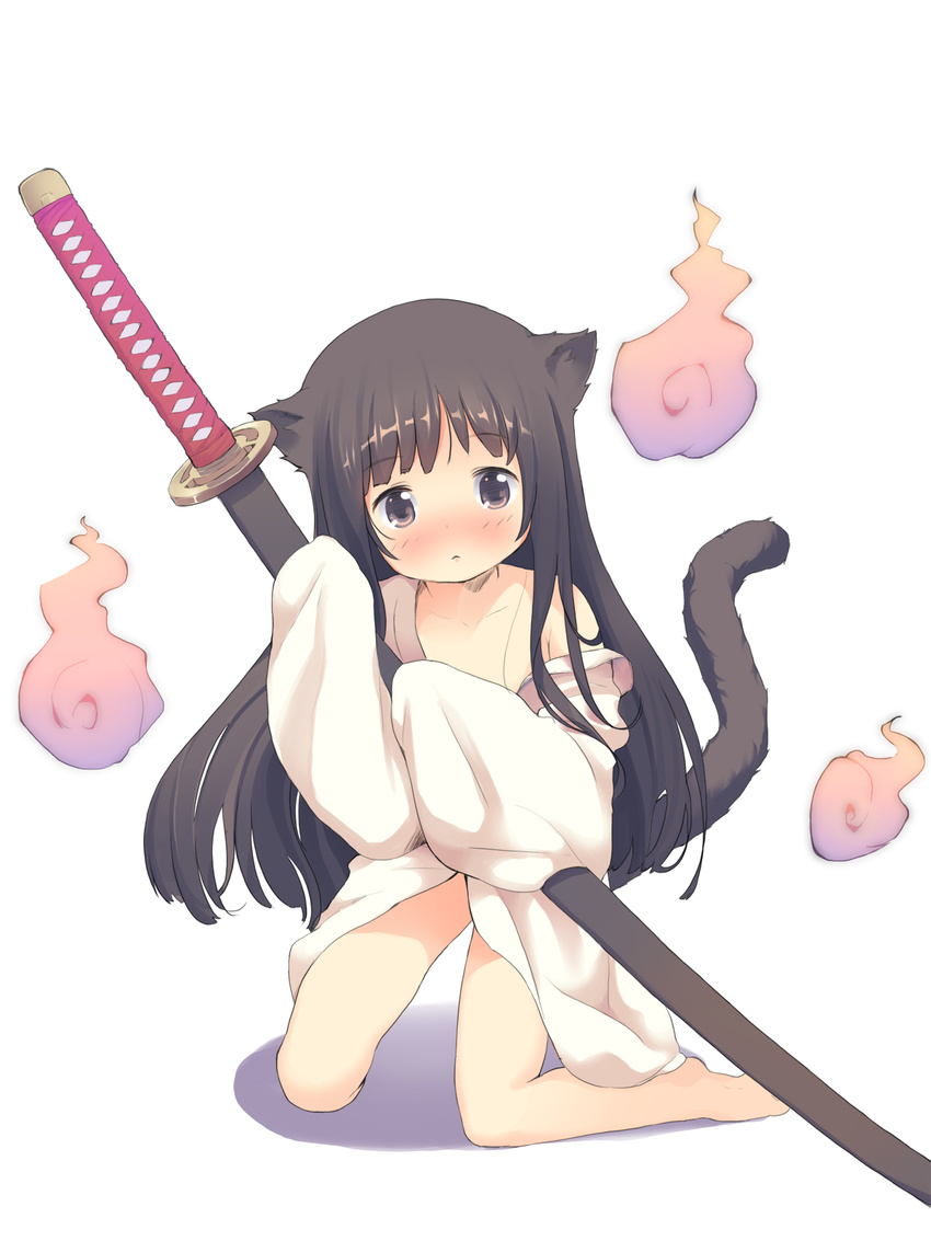 animal_ears anyannko barefoot blush brown_eyes brown_hair cat_ears cat_tail child collarbone highres hitodama japanese_clothes katana kimono kneeling long_hair long_sleeves looking_at_viewer nose_blush off_shoulder open_clothes open_kimono original solo sword tail very_long_hair weapon wide_sleeves yukata
