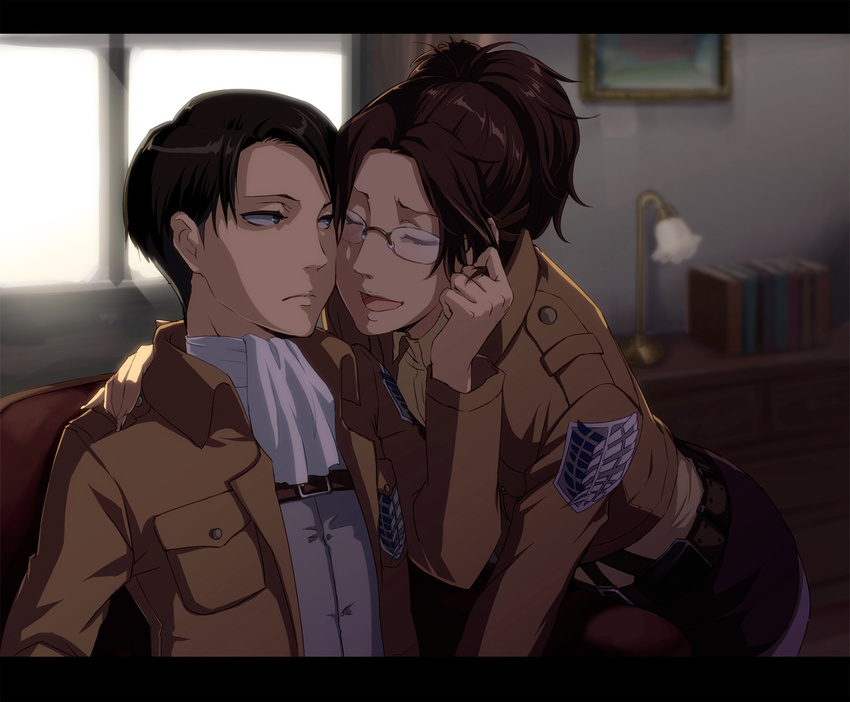 1girl ascot black_hair brown_hair emblem glasses hange_zoe jacket letterboxed levi_(shingeki_no_kyojin) null_(chronix) paradis_military_uniform pinching ponytail shingeki_no_kyojin survey_corps_(emblem)