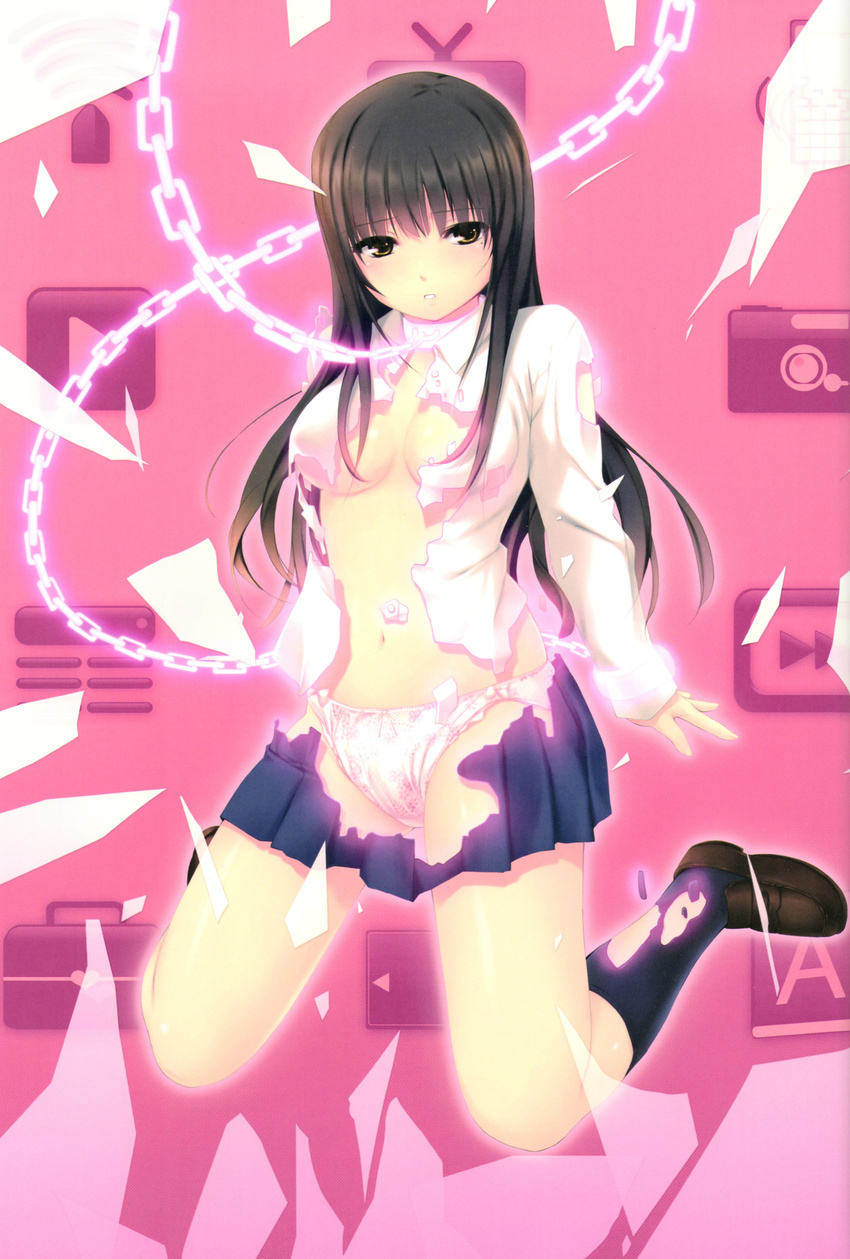 :o absurdres bangs bdsm bondage bound breasts brown_eyes brown_hair chain cleavage coffee-kizoku collar dissolving_clothes eyebrows_visible_through_hair free_friends highres kneeling kurahashi_yui leash looking_at_viewer medium_breasts navel no_bra panties shiny shiny_skin shirt shoes slave socks solo torn_clothes torn_shirt underboob underwear white_panties