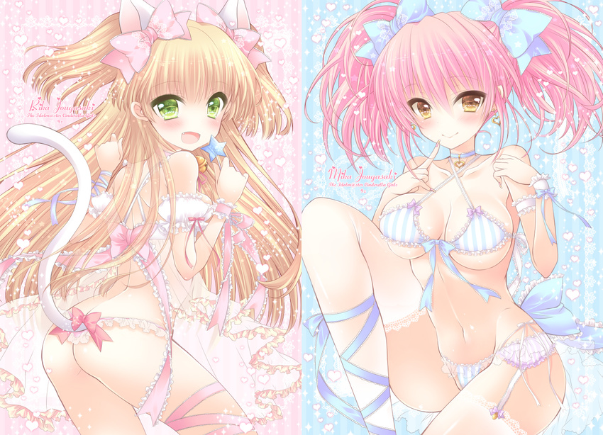 :d animal_ears ass bare_shoulders blonde_hair blush bow bow_bra bra breasts cat_ears cat_tail cleavage earrings fang frills green_eyes hair_bow idolmaster idolmaster_cinderella_girls jewelry jougasaki_mika jougasaki_rika large_breasts lingerie long_hair multiple_girls navel open_mouth panties pink_hair pocopoco ribbon siblings sisters smile striped tail twintails two_side_up underwear underwear_only vertical-striped_bra vertical-striped_panties vertical_stripes white_bra wrist_ribbon yellow_eyes