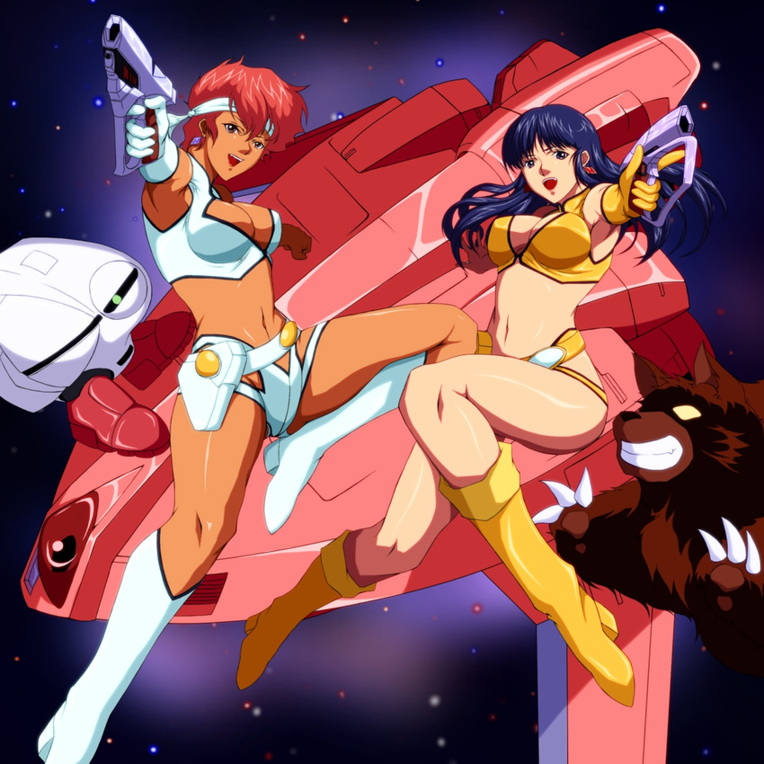 blue_eyes blue_hair boots breasts brown_eyes dirty_pair gun happy headband highres kei_(dirty_pair) large_breasts mughi navel red_hair space_craft spaceship weapon yuri_(dirty_pair)