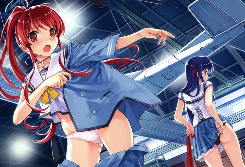 abhar airplane blue_hair blush brown_eyes deep_blue_sky_&amp;_pure_white_wings koga_sayoko misaki_kurehito miyamae_tomoka panties ponytail red_hair seifuku skirt underwear undressing