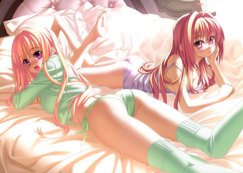 2girls barefoot bed corticarte_apa_lagranges kannatsuki_noboru long_hair panties pink_hair purple_eyes shinkyoku_soukai_polyphonica thighhighs underwear yugiri_perserte