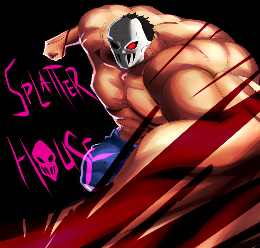 black_background black_hair copyright_name highres male male_focus mask muscle punch punching rick_taylor shirtless short_hair simple_background solo splatterhouse tamanegiya terror_mask text