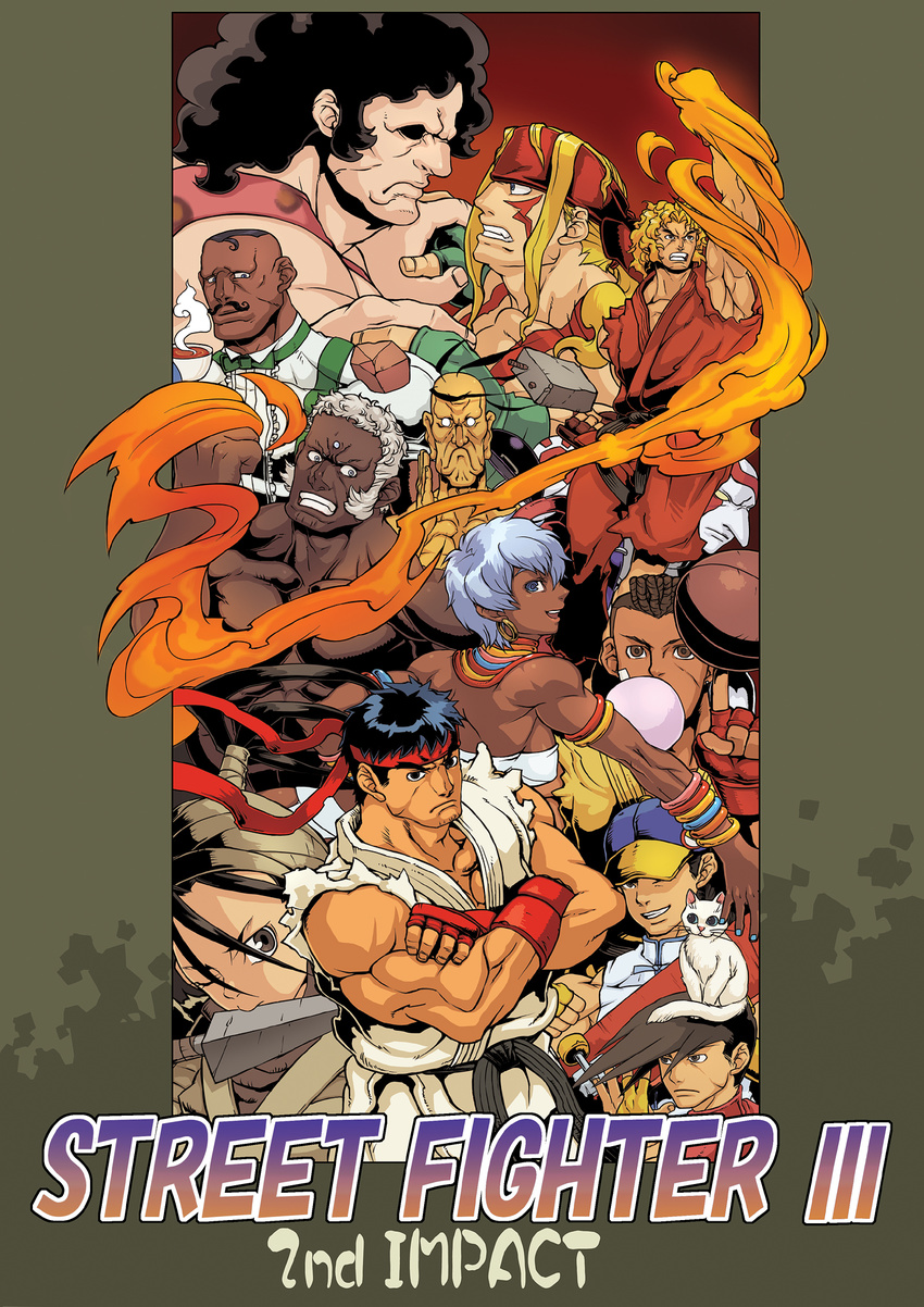 6+boys alex_(street_fighter) bald black_hair copyright_name crossed_arms dark_skin dudley elena_(street_fighter) everyone fingerless_gloves fire flame gloves headband highres hugo_andore ibuki_(street_fighter) ken_masters looking_at_viewer multiple_boys multiple_girls muscle necro_(street_fighter) ninja oro_(street_fighter) red_gloves ryuu_(street_fighter) sean_matsuda street_fighter street_fighter_iii_(series) torashiro_eiji uniform upper_body urien yang_lee yun_lee