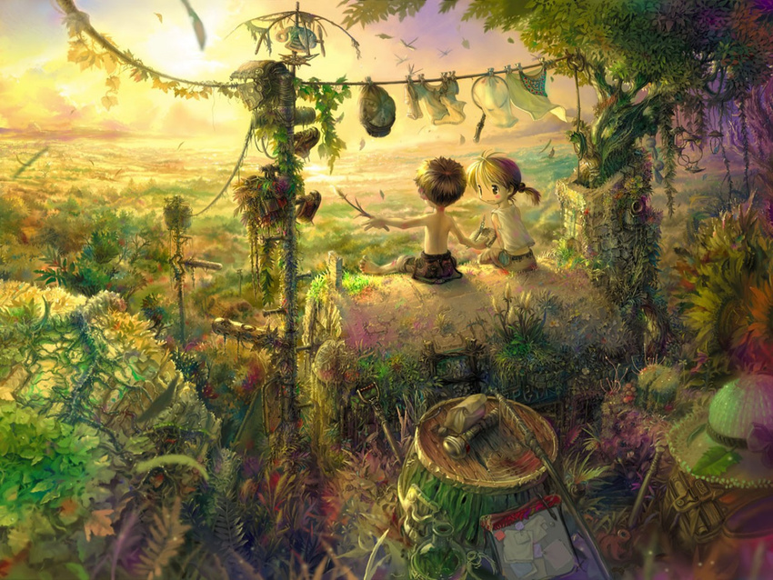1girl blonde_hair child clothesline garden jungle laundry nature original ruins scenery sitting smile source_request sunset tree tsukushi_akihito twintails