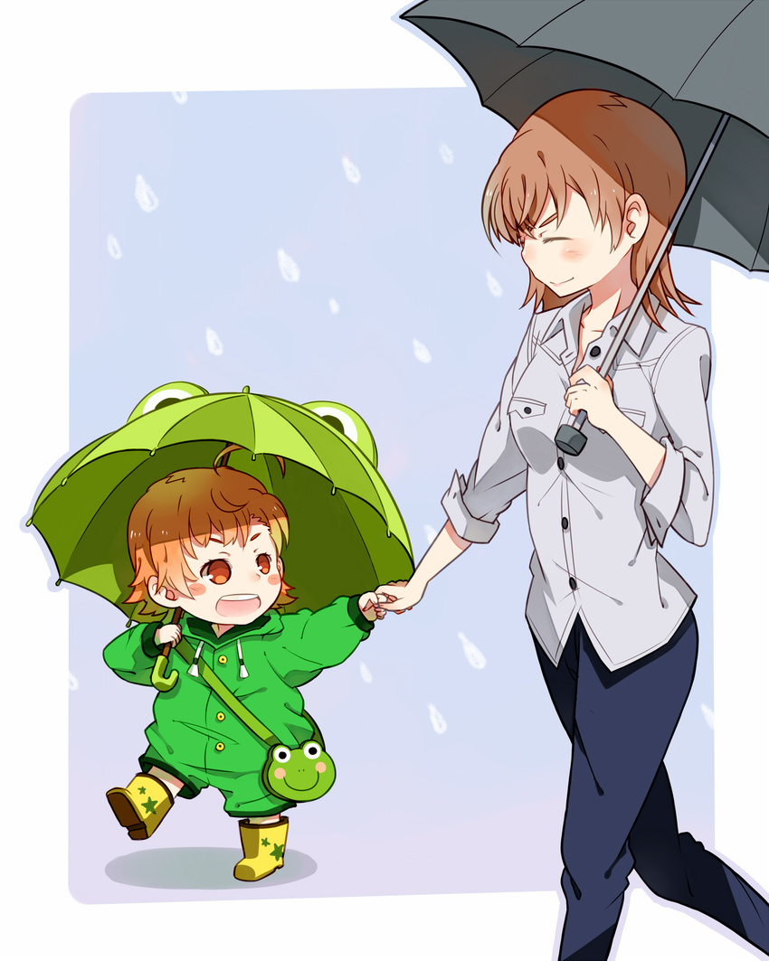 ahoge brown_eyes brown_hair closed_eyes highres luo. misaka_mikoto misaka_misuzu mother_and_daughter multiple_girls to_aru_kagaku_no_railgun to_aru_majutsu_no_index umbrella younger