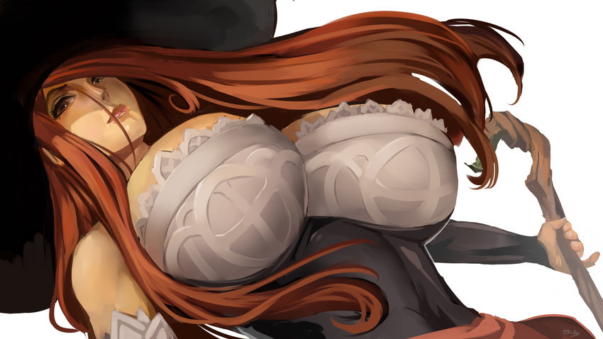 black_background breasts brown_eyes cleavage covered_nipples detached_sleeves dragon's_crown dress emilio_lopez faux_traditional_media from_below hat holding holding_weapon large_breasts lips long_hair looking_at_viewer orange_hair pinky_out polearm simple_background solo sorceress_(dragon's_crown) staff strapless strapless_dress two-tone_background underbust upper_body wand weapon white_background witch_hat
