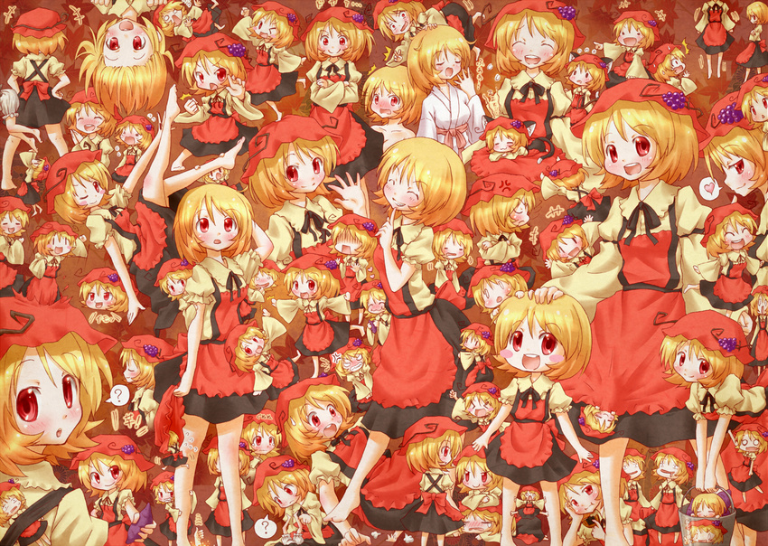 6+girls ? aki_minoriko angry arinu bare_shoulders barefoot blonde_hair bloomers blush hat highres mami_mogu_mogu multiple_girls multiple_persona one_eye_closed potato red_eyes reversed sleepy tears terminator too_many touhou underwear younger yukkuri_shiteitte_ne