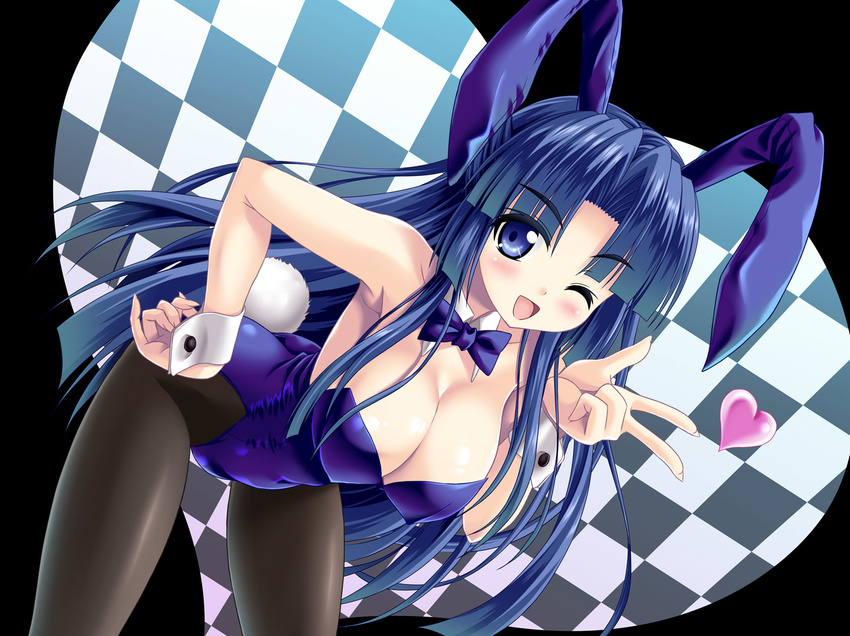 animal_ears asakura_ryouko blue_eyes blue_hair blush bow bowtie breasts bunny_ears bunny_tail bunnysuit cleavage detached_collar heart large_breasts leaning_forward long_hair noritama_(gozen) one_eye_closed pantyhose solo suzumiya_haruhi_no_yuuutsu tail v wrist_cuffs