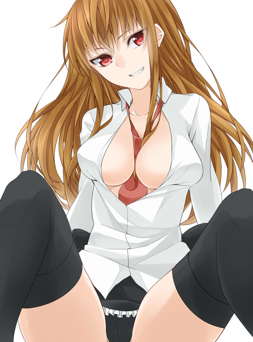 absurdres between_breasts black_legwear black_panties breasts brown_hair grin highres long_hair mammon medium_breasts necktie necktie_between_breasts nemu_(nebusokugimi) open_clothes open_shirt panties red_eyes shirt simple_background smile solo spread_legs stakes_of_purgatory thighhighs umineko_no_naku_koro_ni underwear white_background