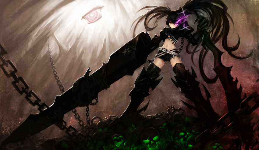 armor bad_id bad_pixiv_id belt black_hair black_rock_shooter burning_eye chain gauntlets glowing glowing_eye greaves highres huge_weapon insane_black_rock_shooter long_hair loose_belt midriff navel purple_eyes shorts skull solo star sword twintails uneven_twintails weapon zhuore_zhi_hen