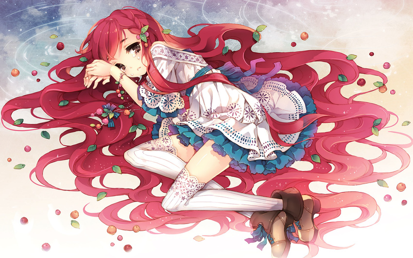 brown_eyes cranberry cranberry_(vocaloid) crying crying_with_eyes_open curly_hair dress food fruit hair_ornament highres lace lace-trimmed_thighhighs long_hair lying on_side original red_hair solo tearfish tears thighhighs very_long_hair vocaloid wavy_hair white_legwear