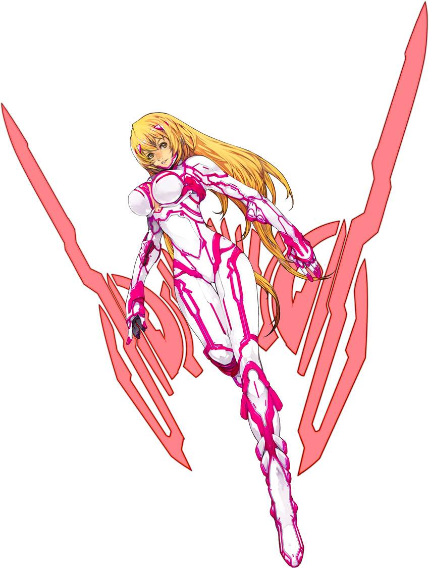 blonde_hair bodysuit boots breasts cleavage freckles full_body gloves highres large_breasts leg_lift leg_up long_hair open_mouth simple_background skin_tight solo thigh_gap toushinden toushinden_war_budokai white_background wino_mcgovern yellow_eyes yoshizumi_kazuyuki