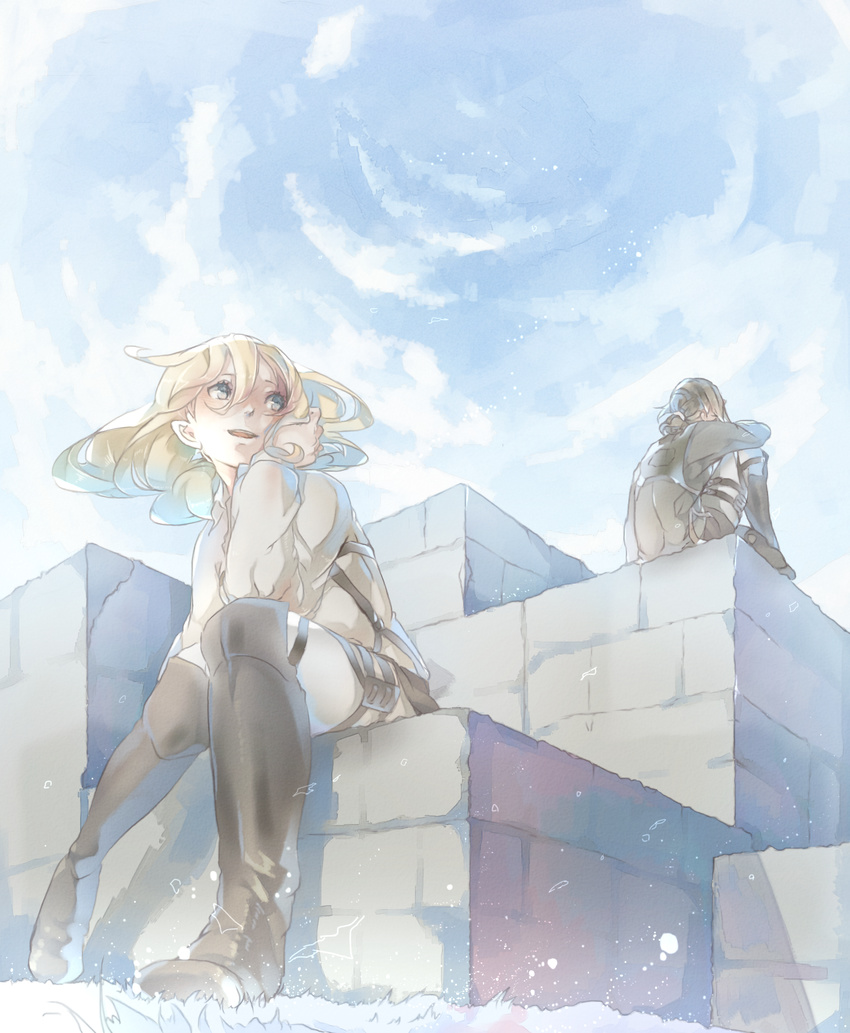 absurdres bad_id bad_pixiv_id blonde_hair blue_eyes boots christa_renz highres mizutame_tori multiple_girls shingeki_no_kyojin short_hair sitting ymir_(shingeki_no_kyojin)