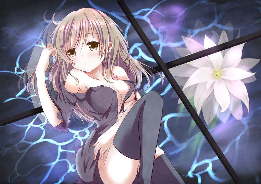 :o against_glass bare_shoulders black_legwear breasts brown_hair collarbone dress flower head_tilt hijiri_byakuren leg_up long_hair looking_at_viewer lotus lying medium_breasts no_bra no_panties on_back open_clothes open_dress reflection solo thighhighs touhou yellow_eyes yukishiro_arute