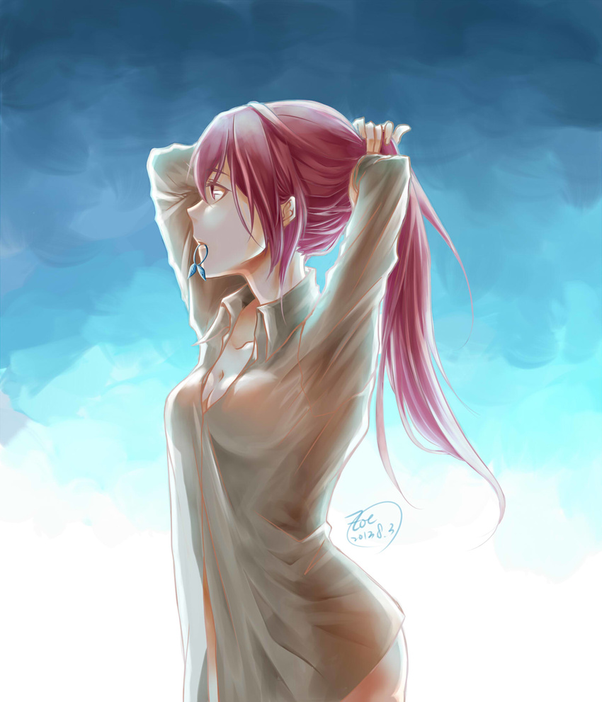 adjusting_hair breasts cleavage dated free! hair_tie highres long_hair matsuoka_gou medium_breasts mouth_hold naked_shirt ponytail red_hair see-through shirt solo tying_hair zoe_(killyou80)