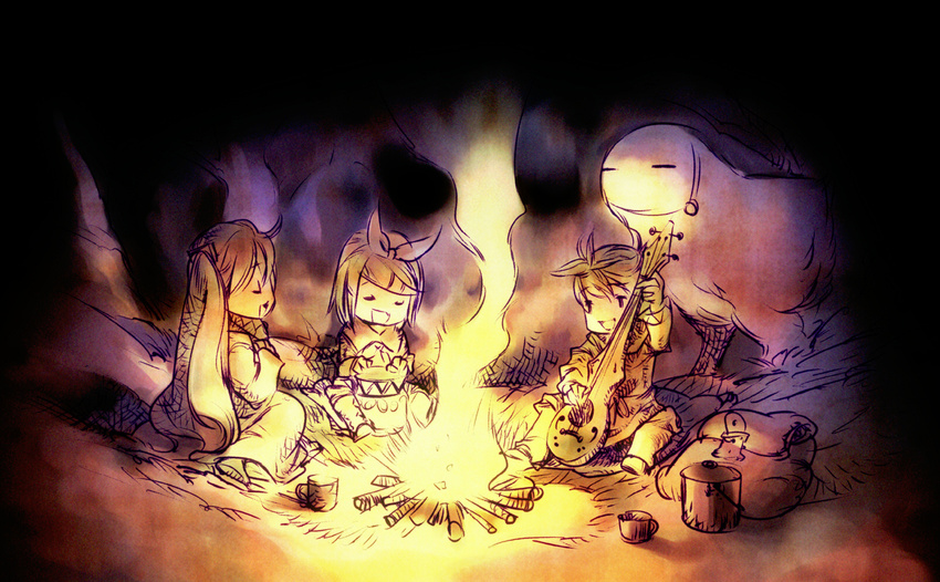 2girls arm_up bag bag_removed bonfire boots bow campfire closed_eyes creature cup drum fantasy fire forest hair_bow hair_ornament hatsune_miku highres holding holding_instrument instrument kagamine_len kagamine_rin long_hair long_sleeves mug multiple_girls music nagimiso nature night outdoors playing_instrument pot robe short_hair singing sitting smog smoke twintails very_long_hair vocaloid
