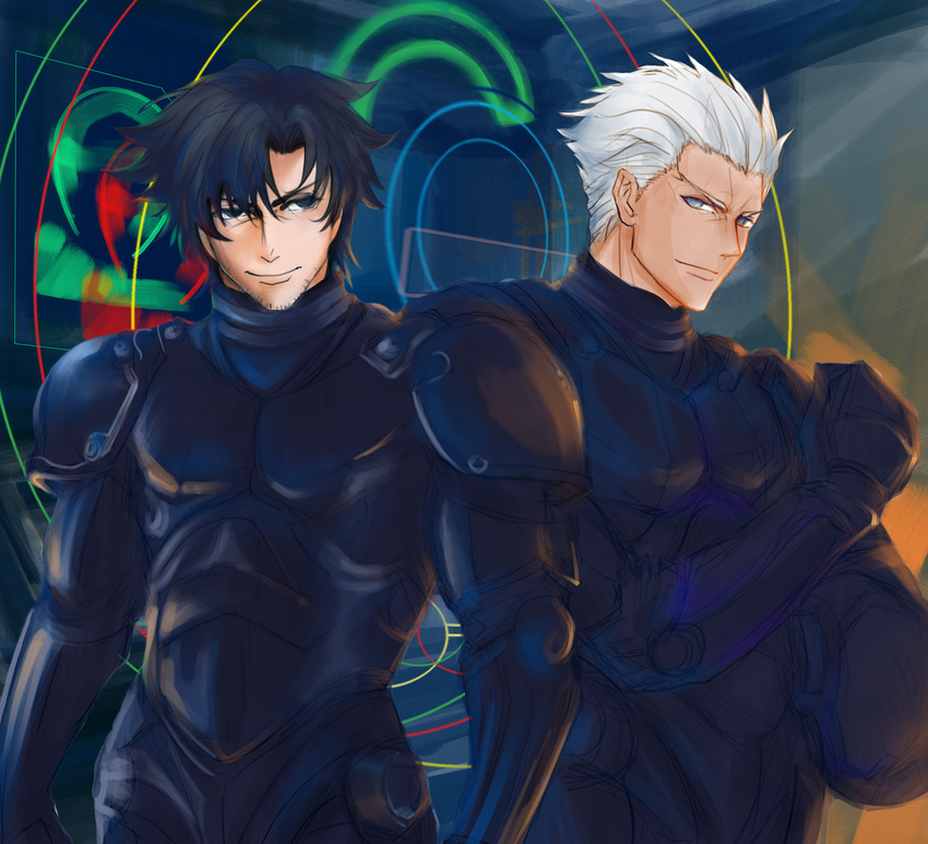 archer black_eyes black_hair blue_eyes bodysuit dark_skin dark_skinned_male drivesuit emiya_kiritsugu facial_hair fate/stay_night fate_(series) highres multiple_boys pacific_rim parody science_fiction stubble white_hair xiushu1120