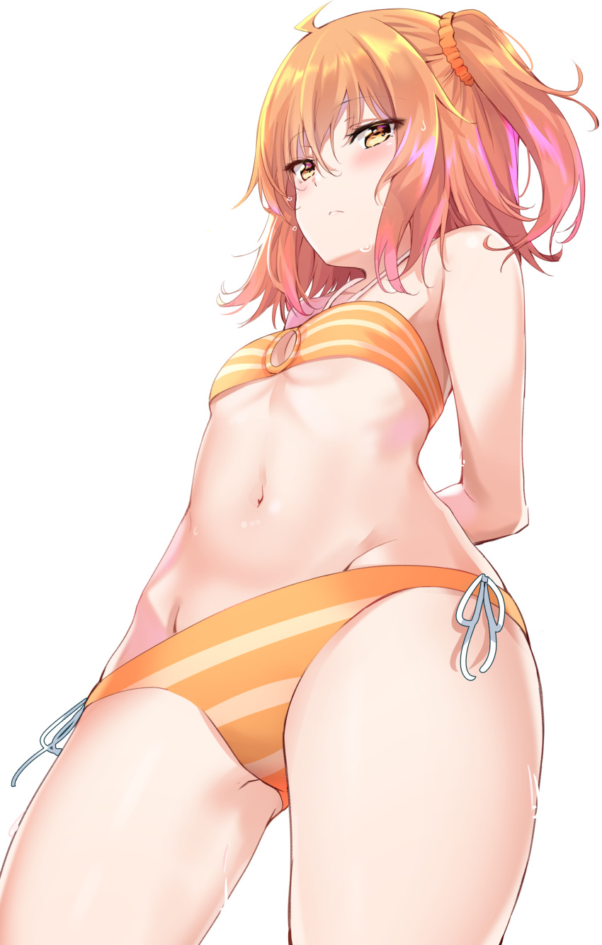1girl absurdres ahoge arms_behind_back bangs bare_arms bare_shoulders bikini blush breasts closed_mouth commentary cowboy_shot eyebrows_visible_through_hair fate/grand_order fate_(series) from_below fujimaru_ritsuka_(female) groin half-closed_eyes highres legs_apart looking_at_viewer navel one_side_up orange_bikini orange_hair short_hair simple_background small_breasts solo standing stomach striped striped_bikini sunhyun sweat swimsuit thighs white_background yellow_eyes