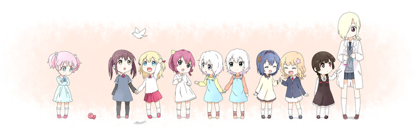 :d :o bird black_hair black_legwear blonde_hair blue_hair child crossed_arms detached_hair dove dress everyone funami_yui furutani_himawari hair_bun highres holding_hands ikeda_chitose ikeda_chizuru kneehighs labcoat matsumoto_rise multiple_girls namori nishigaki_nana oomuro_sakurako open_mouth pantyhose pink_hair purple_hair shoes siblings sisters skirt smile socks striped striped_legwear sugiura_ayano toshinou_kyouko v-shaped_eyebrows white_hair white_legwear yoshikawa_chinatsu younger yuru_yuri