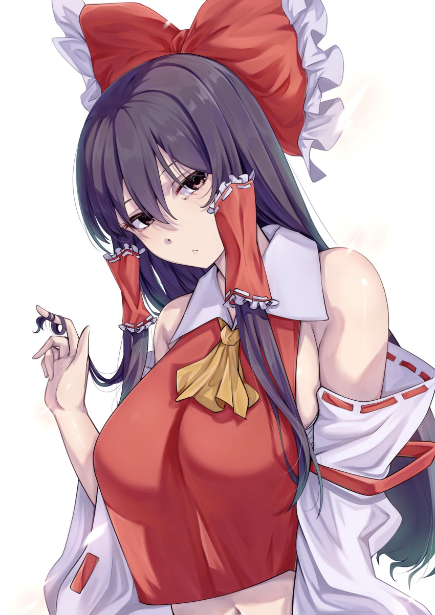 1girl ascot bare_shoulders black_hair bow breasts brown_eyes collared_shirt commentary crop_top detached_sleeves expressionless frilled_bow frilled_hair_tubes frills hair_bow hair_tubes hair_twirling hakurei_reimu hand_up highres large_breasts long_hair looking_at_viewer mirufui navel red_bow red_shirt ribbon-trimmed_sleeves ribbon_trim sarashi shirt simple_background solo touhou upper_body very_long_hair white_background wide_sleeves yellow_ascot