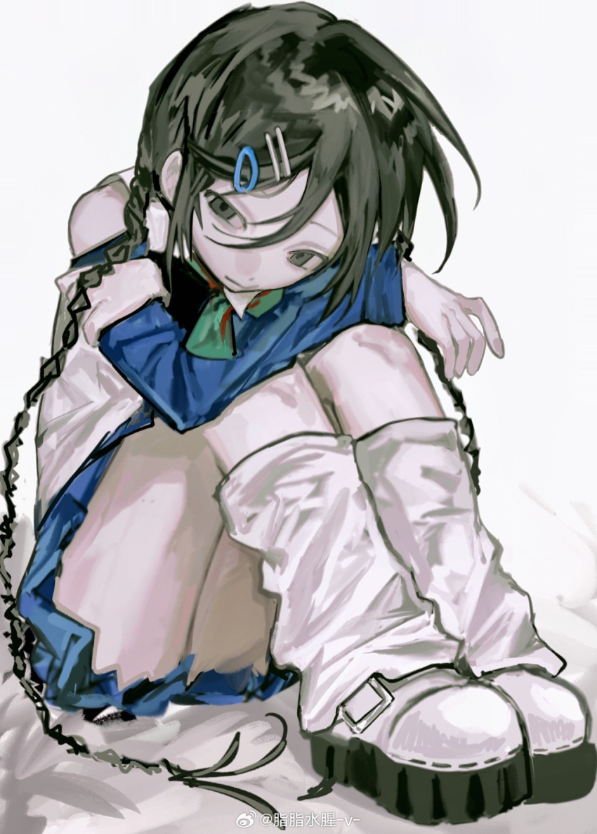 1girl arm_on_knee bare_shoulders belt_buckle black_hair blue_skirt blue_sleeves bow bowtie braid buckle chinese_commentary closed_mouth clothing_cutout commentary_request full_body green_bow green_bowtie grey_eyes guigui_rongrong hair_ornament hairclip highres knees_up layered_sleeves long_hair long_sleeves miniskirt on_bed original pale_skin pleated_skirt ribbon-trimmed_footwear shirt shoes short_over_long_sleeves short_sleeves shoulder_cutout skirt solo twin_braids watermark weibo_logo weibo_username white_background white_footwear white_leg_warmers white_shirt white_sleeves