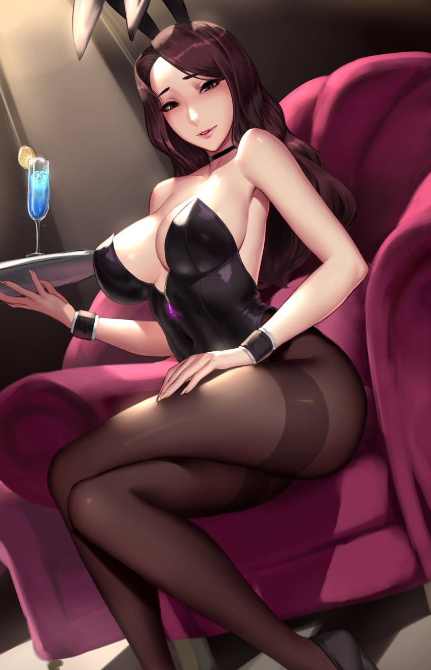 1girl absurdres armchair bare_shoulders black_choker black_footwear black_leotard breasts brown_eyes brown_hair brown_pantyhose chair choker cian_yo cleavage cocktail_glass commentary covered_navel crossed_legs cup drinking_glass english_commentary hand_on_own_leg highres holding holding_tray indoors large_breasts leotard long_hair looking_at_viewer on_chair original pantyhose parted_lips playboy_bunny sitting solo strapless strapless_leotard thighband_pantyhose tray wrist_cuffs