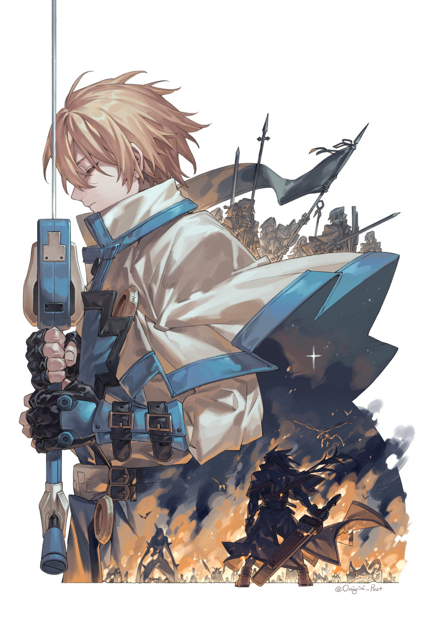 2boys absurdres belt blonde_hair brown_hair clenched_hand closed_eyes closed_mouth english_text fingerless_gloves fire fireseal gloves guilty_gear guilty_gear_xx highres holding holding_polearm holding_shield holding_sword holding_weapon knight ky_kiske long_hair monster multiple_boys night night_sky onigiri_post_0 order-sol polearm praying shaded_face shield short_hair simple_background sky sol_badguy sparkle spear star_(sky) sword thunderseal twitter_username weapon white_background