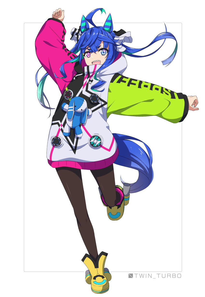 1girl :d @_@ absurdres ahoge animal_ears aqua_hair arm_up blue_eyes blue_hair boots bow brown_pantyhose character_name clothes_writing commentary crossed_bangs curled_fingers drawstring full_body hair_bow heterochromia highres hood hoodie horse_ears horse_girl horse_tail leg_up long_hair long_sleeves looking_at_viewer minowa_sukyaru multicolored_clothes multicolored_hair multicolored_hoodie outstretched_arm pantyhose purple_eyes sharp_teeth sidelocks simple_background smile solo standing standing_on_one_leg striped striped_bow stuffed_animal stuffed_rabbit stuffed_toy tail teeth twin_turbo_(umamusume) twintails two-tone_hair umamusume upper_teeth_only white_background yellow_footwear