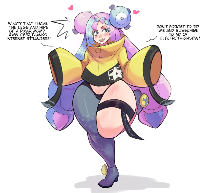 1girl aqua_hair black_panties blush_stickers coat curvy english_text heart highres iono_(pokemon) long_hair magnemite multicolored_hair open_mouth panties pink_hair pinkkoffin pokemon purple_eyes sharp_teeth simple_background single_leg_pantyhose sleeves_past_fingers sleeves_past_wrists smile solo teeth thick_thighs thigh_strap thighs twintails two-tone_eyes two-tone_hair underwear very_long_hair white_background wide_hips wide_sleeves yellow_eyes