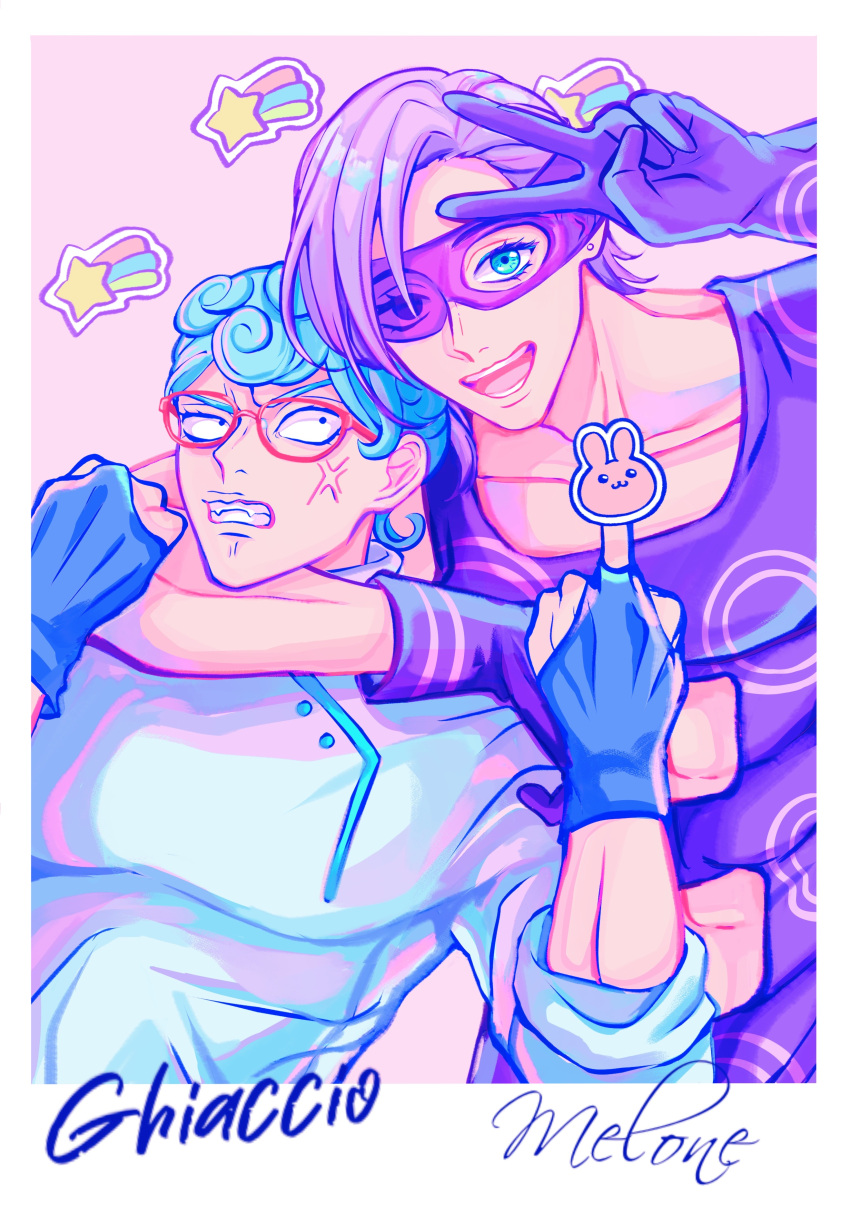 2boys :d absurdres anger_vein arm_around_neck blue_eyes blue_gloves blue_hair border censored_finger censored_gesture character_name clenched_teeth constricted_pupils curly_hair earrings fingerless_gloves ghiaccio glasses gloves half-closed_eye highres jewelry jojo_no_kimyou_na_bouken long_sleeves looking_at_another looking_at_viewer male_focus mask melone middle_finger multiple_boys open_mouth pink_background purple_gloves purple_hair purple_mask purple_shirt rabbit red-framed_eyewear remiii_888 shirt short_hair simple_background smile star_(symbol) star_sticker sticker stud_earrings teeth upper_body v_over_head vento_aureo white_border white_shirt