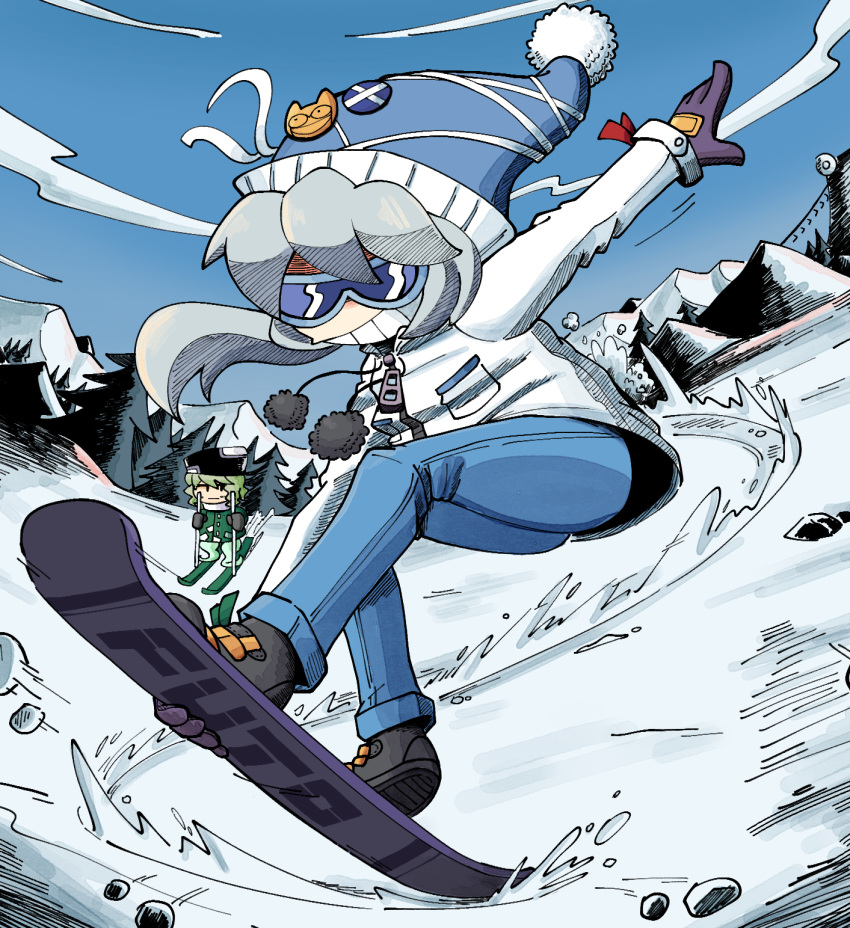 2girls alternate_costume black_footwear black_headwear blue_headwear blue_pants blue_sky character_name cloud commentary english_commentary full_body ghost_tail goggles green_hair grey_hair highres jacket kevin_arthur medium_hair mononobe_no_futo mountain mountainous_horizon multiple_girls new_mask_of_hope outdoors pants pine_tree pom_pom_(clothes) ponytail ski_pole skiing skis sky snow snowboard snowboarding soga_no_tojiko solo_focus touhou tree white_jacket