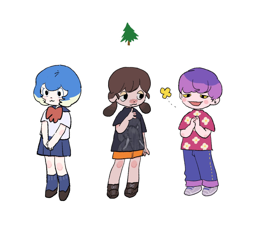 1boy 2girls :3 animal_crossing bea_(animal_crossing) black_eyes black_footwear black_shirt blue_hair blue_sailor_collar blue_skirt blue_socks bob_(animal_crossing) bob_cut bow bowtie brown_hair bug butterfly closed_mouth colored_sclera commentary denim dotted_line finger_to_own_chin floral_print freckles full_body grey_footwear half-closed_eyes highres humanization jeans kneehighs lineup low_twintails mitzi_(animal_crossing) multicolored_hair multiple_girls oko_da_yo open_mouth orange_shorts own_hands_clasped own_hands_together pants pine_tree pleated_skirt print_shirt purple_hair red_bow red_bowtie red_shirt sailor_collar school_uniform serafuku shirt shoes short_hair short_sleeves shorts simple_background skirt smile sneakers socks symbol-only_commentary tareme tree twintails two-tone_hair v_arms white_background white_hair wide-eyed yellow_sclera