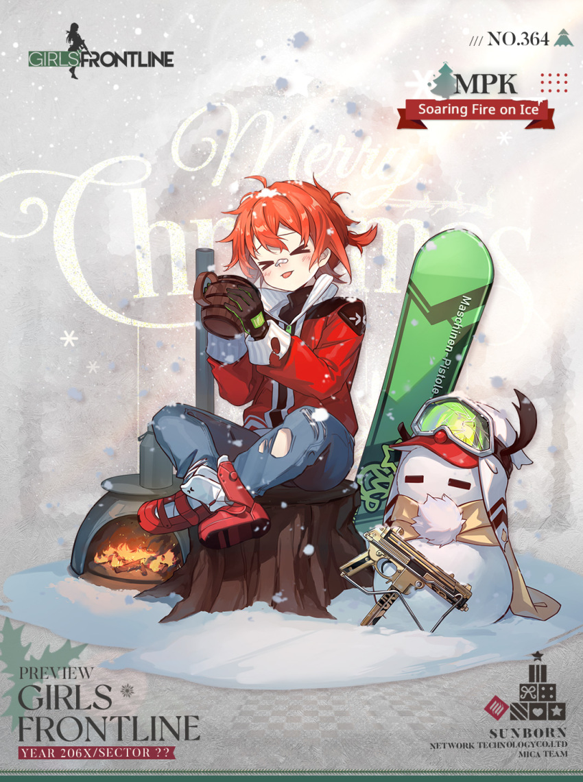 &gt;_&lt; 1girl =_= ahoge animal_ear_hairband bandaid bandaid_on_face bandaid_on_nose baseball_cap black_gloves blue_pants blush broken_goggles character_name checkered_floor christmas christmas_tree closed_eyes commentary company_name copyright_name cup english_commentary english_text fire frosted_glass full_body girls'_frontline gloves goggles goggles_on_headwear green-tinted_eyewear green_gloves hat heart highres holding holding_cup holly indian_style jacket kinoshita_neko long_sleeves merry_christmas mpk_(girls'_frontline) mpk_(soaring_fire_on_ice)_(girls'_frontline) official_alternate_costume official_art pants pom_pom_(clothes) promotional_art red_footwear red_hair red_jacket red_nose scarf second-party_source short_hair sitting sitting_on_tree_stump smile snow snow_on_head snowboard snowflakes snowing snowman solo star_(symbol) tinted_eyewear tongue tongue_out torn_clothes torn_jacket torn_pants tree_stump two-sided_gloves unworn_headwear walther_mp white_background wood wood-burning_stove yellow_scarf