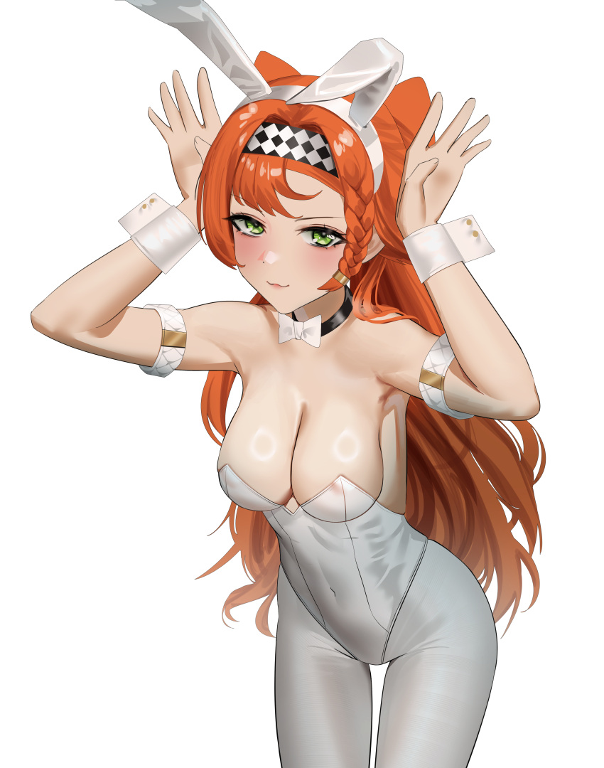 1girl :3 absurdres animal_ears anoreika_tomoe armband blush bow bowtie braid breasts checkered_clothes checkered_headwear cleavage covered_navel cowboy_shot fake_animal_ears green_eyes hairband hands_up highres large_breasts leotard long_hair looking_at_viewer orange_hair pantyhose pink_lips playboy_bunny rabbit_ears reverse:1999 simple_background solo sonetto_(reverse:1999) white_background white_bow white_bowtie white_leotard wrist_cuffs