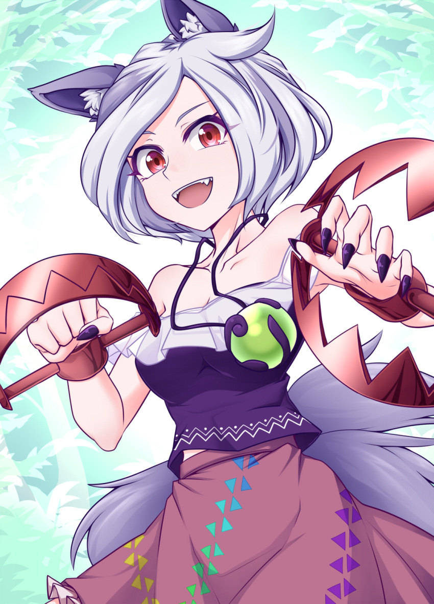 1girl animal_ear_fluff animal_ears bare_shoulders bear_trap benizuwai breasts clenched_hand collarbone cowboy_shot dog_ears dog_tail fangs fingernails grey_hair highres jewelry looking_at_viewer medium_breasts mitsugashira_enoko nail_polish necklace off-shoulder_shirt off_shoulder open_mouth pendant purple_nails purple_shirt red_eyes red_skirt sharp_fingernails shirt short_hair skirt sleeveless solo tail touhou triangle_print