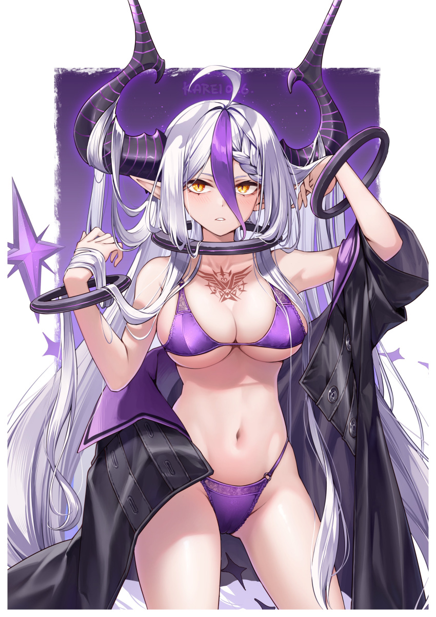 1girl absurdres ahoge alternate_costume bare_shoulders black_horns black_jacket bra braid braided_bangs breasts chest_tattoo cleavage collar curry_bowl demon_horns grey_hair hair_between_eyes highres hololive horns jacket la+_darknesss long_hair metal_collar multicolored_hair navel o-ring o-ring_bottom o-ring_panties open_clothes open_jacket panties pointy_ears purple_bra purple_hair purple_panties slit_pupils solo streaked_hair striped_horns tattoo underwear virtual_youtuber wrist_cuffs