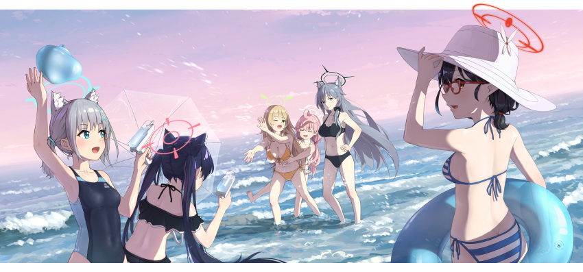 6+girls absurdres ahoge animal_ear_fluff animal_ears ayane_(blue_archive) ayane_(swimsuit)_(blue_archive) bare_arms bare_legs bare_shoulders barefoot bikini black_bikini black_hair black_one-piece_swimsuit blue_archive blue_eyes blue_halo blush breasts cat_ears closed_eyes collarbone competition_swimsuit cross_hair_ornament dual_persona extra_ears flat_chest frilled_bikini frills glasses green_eyes green_halo grey_hair hair_bobbles hair_ornament halo hat highres holding holding_water_gun hoshino_(blue_archive) hoshino_(swimsuit)_(blue_archive) innertube large_breasts light_brown_hair long_hair low_twintails medium_breasts medium_hair multiple_girls nonomi_(blue_archive) nonomi_(swimsuit)_(blue_archive) ocean official_alternate_costume one-piece_swimsuit one_eye_closed open_mouth orange_bikini outdoors pink_hair pink_halo pointy_ears ponytail red-framed_eyewear red_halo serika_(blue_archive) serika_(swimsuit)_(blue_archive) shiroko_(blue_archive) shiroko_(swimsuit)_(blue_archive) shiroko_terror_(blue_archive) short_hair side-tie_bikini_bottom smile striped striped_bikini swimsuit twintails water water_gun white_bikini white_headwear wolf_ears yellow_eyes yuyu_guantou_(marky)