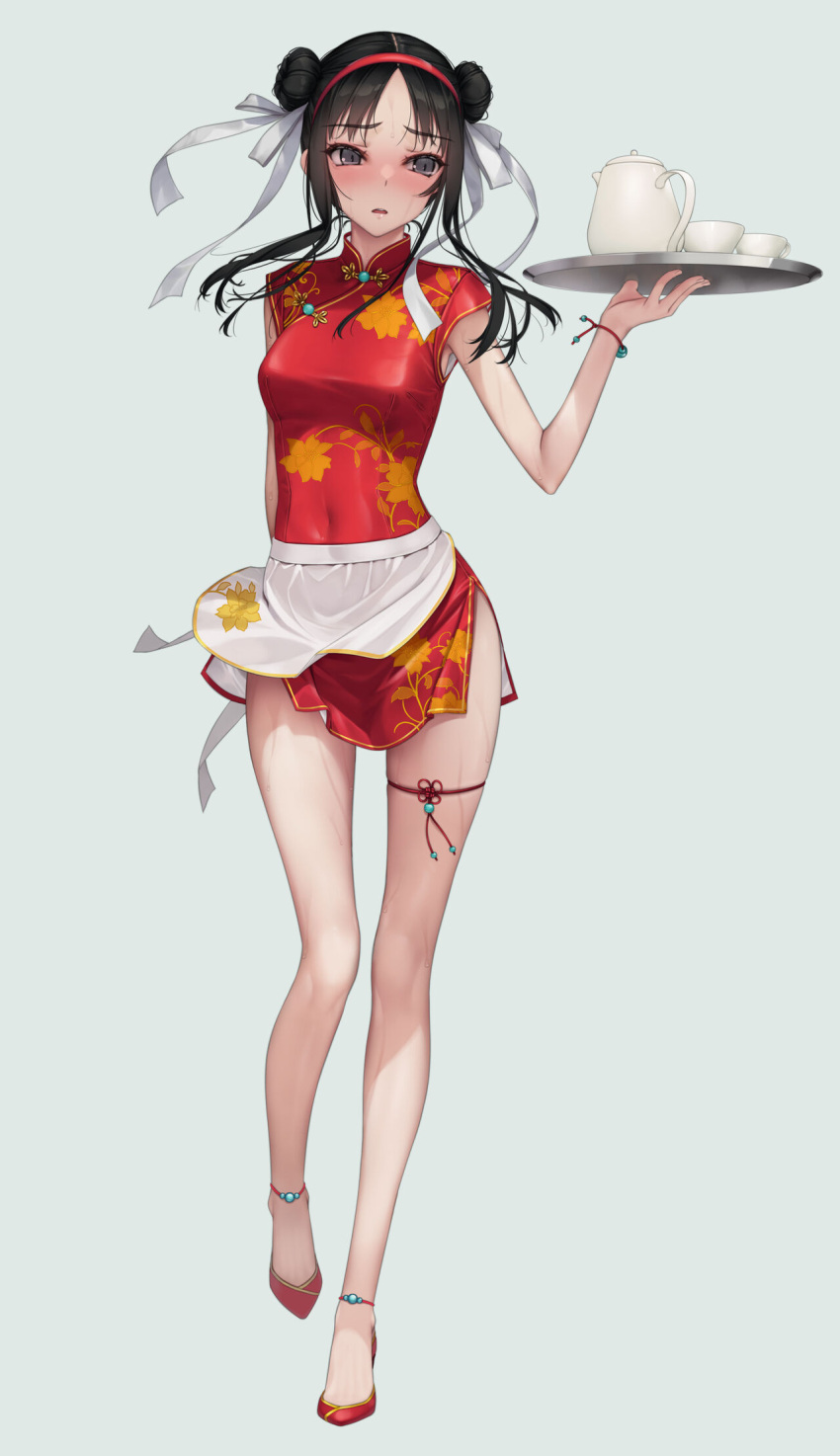 1girl anklet apron black_eyes black_hair bracelet breasts china_dress chinese_clothes covered_navel cup double_bun dress full_body hair_bun hair_ribbon high_heels highres holding jewelry kettle medium_hair murakami_suigun original parted_bangs red_dress red_footwear ribbon short_sleeves side_slit skindentation teacup thigh_strap thighs tray white_apron white_ribbon