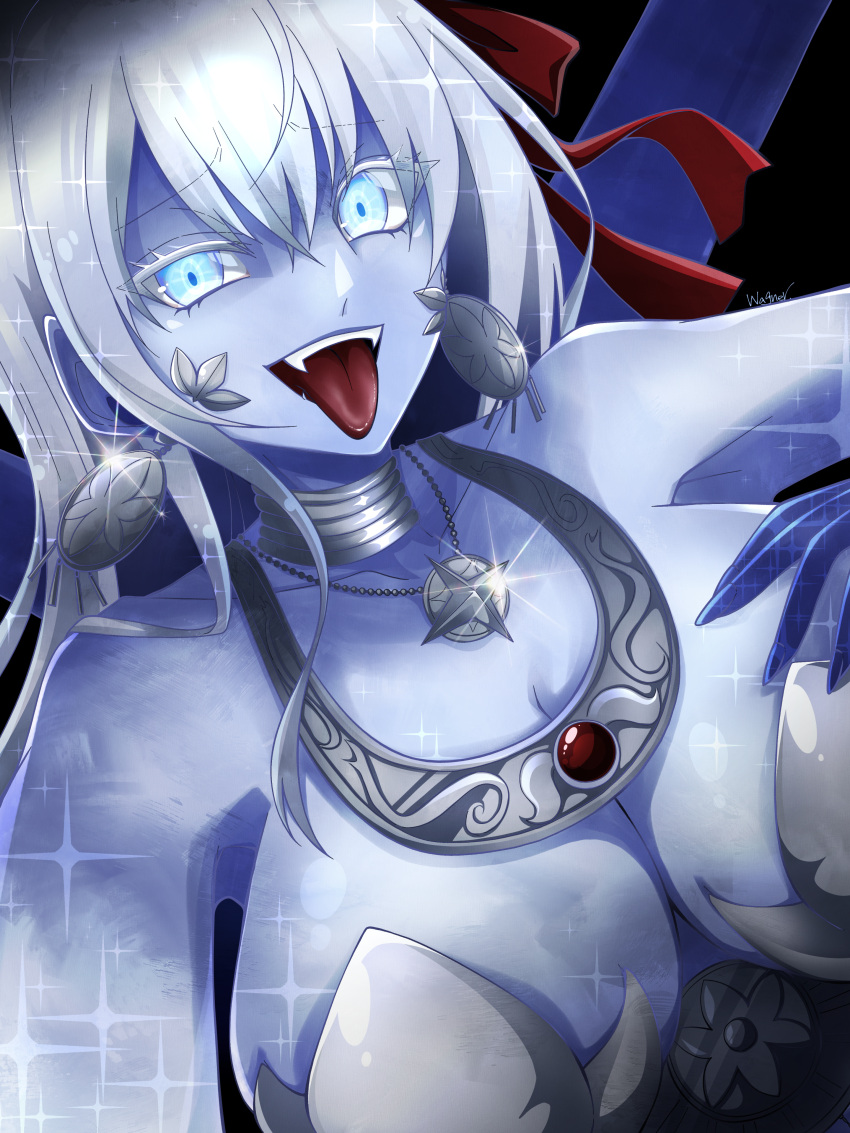 1girl absurdres armor bare_shoulders bikini_armor blue_eyes blue_skin breasts cleavage collarbone colored_skin earrings extra_arms fate/grand_order fate_(series) hair_ribbon highres jewelry kali_(fate) large_breasts long_hair looking_at_viewer neck_ring necklace open_mouth revealing_clothes ribbon smile solo teeth tongue tongue_out wagu_neru white_hair