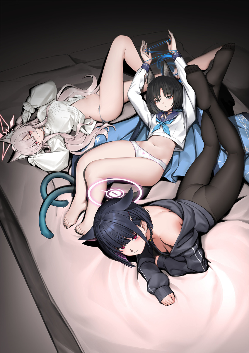 3girls akira_(blue_archive) animal_ear_fluff animal_ears ass barefoot black_eyes black_hair black_jacket black_pantyhose black_sailor_collar blue_archive blue_halo blue_neckerchief breasts cat_ears cat_tail colored_inner_hair extra_ears eyeliner frilled_sleeves frills gloves hair_ornament hairclip halo haori highres hood hood_down hooded_jacket indoors jacket japanese_clothes kazusa_(blue_archive) kikyou_(blue_archive) large_breasts long_hair long_sleeves makeup multicolored_hair multiple_girls multiple_tails navel neckerchief panties pantyhose pink_hair pink_halo red_eyeliner red_eyes sailor_collar school_uniform serafuku shirt short_hair sunkilow tail toes two_tails underwear white_gloves white_hair white_panties white_shirt