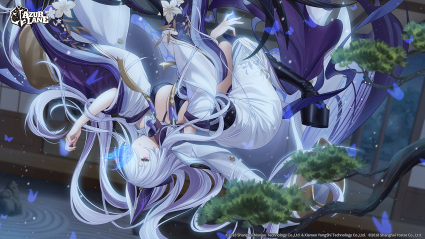 1girl azur_lane black_footwear blue_butterfly boots breasts bug butterfly duplicate english_commentary flower hair_over_one_eye haneru highres japanese_clothes kimono large_breasts long_hair long_sleeves official_art pixel-perfect_duplicate platform_boots platform_footwear purple_eyes purple_hair second-party_source solo unzen_(azur_lane) upside-down very_long_hair white_flower white_hair white_kimono wide_sleeves